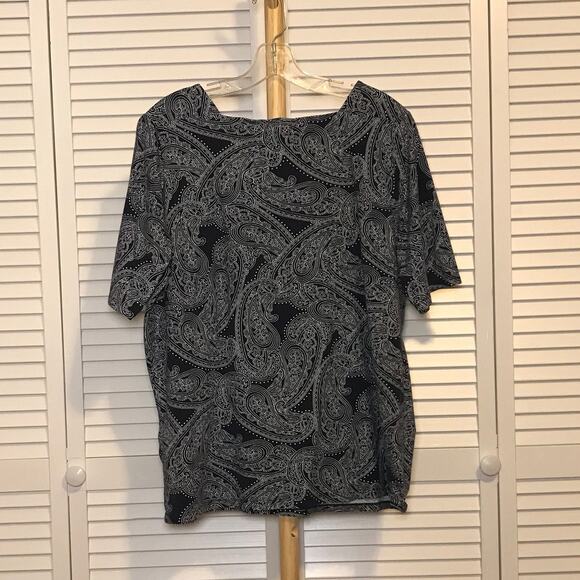 Jones New York Signature Navy Paisley Square Neckline Short Sleeve Top 1X - Picture 2 of 6
